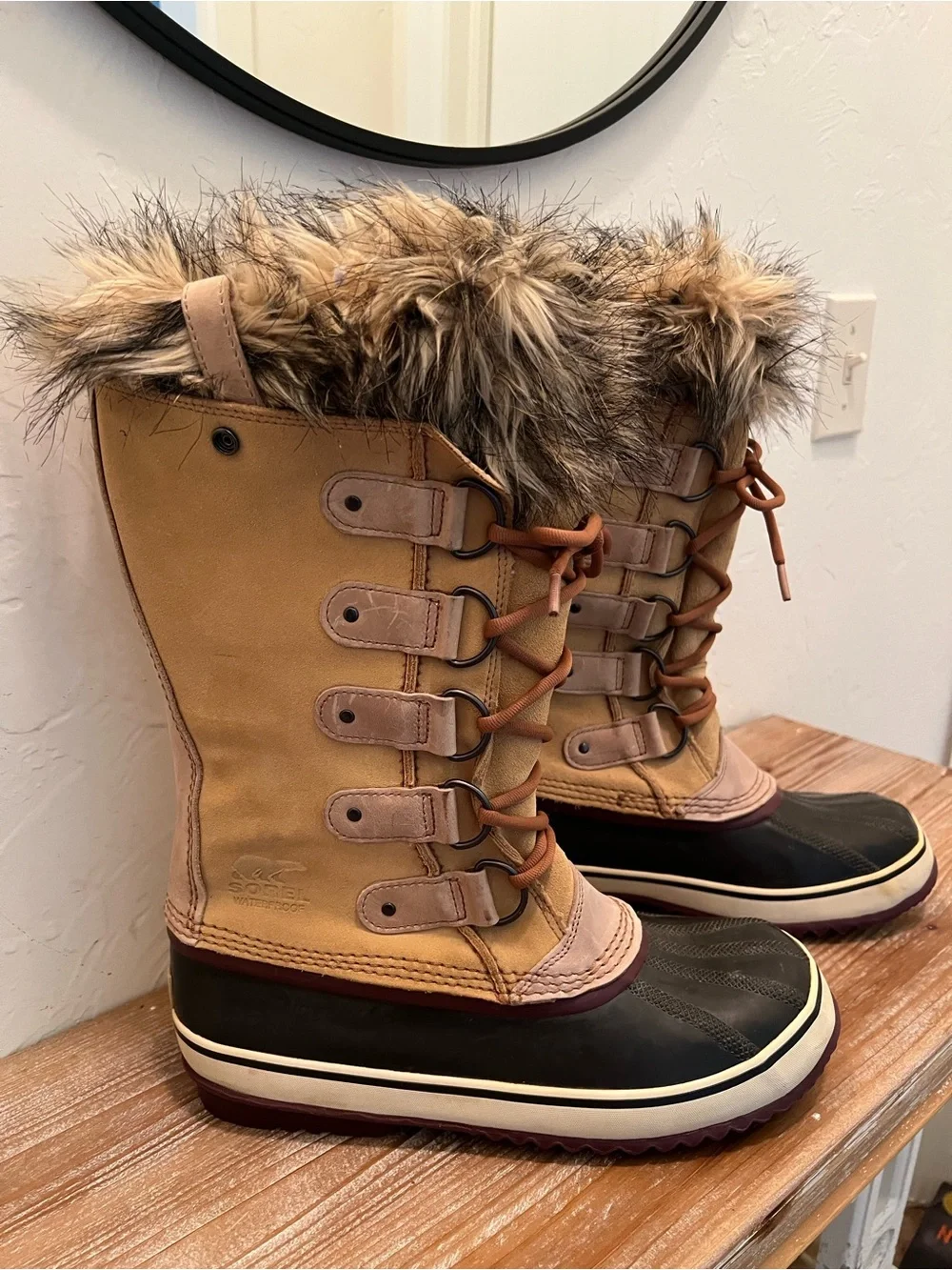 Sorel Women’s Fur-Trim Lace-Up Waterproof Winter Boots - Tan/Black Size 11